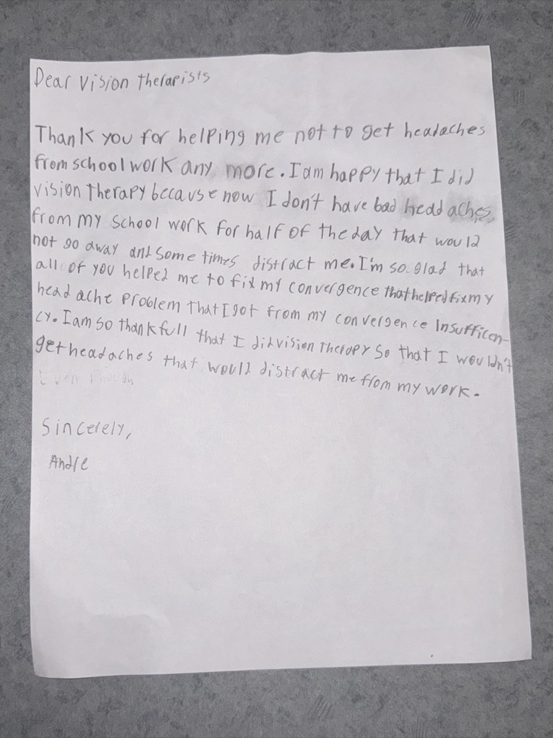 Andre's handwritten thank-you letter to the vision therapy team