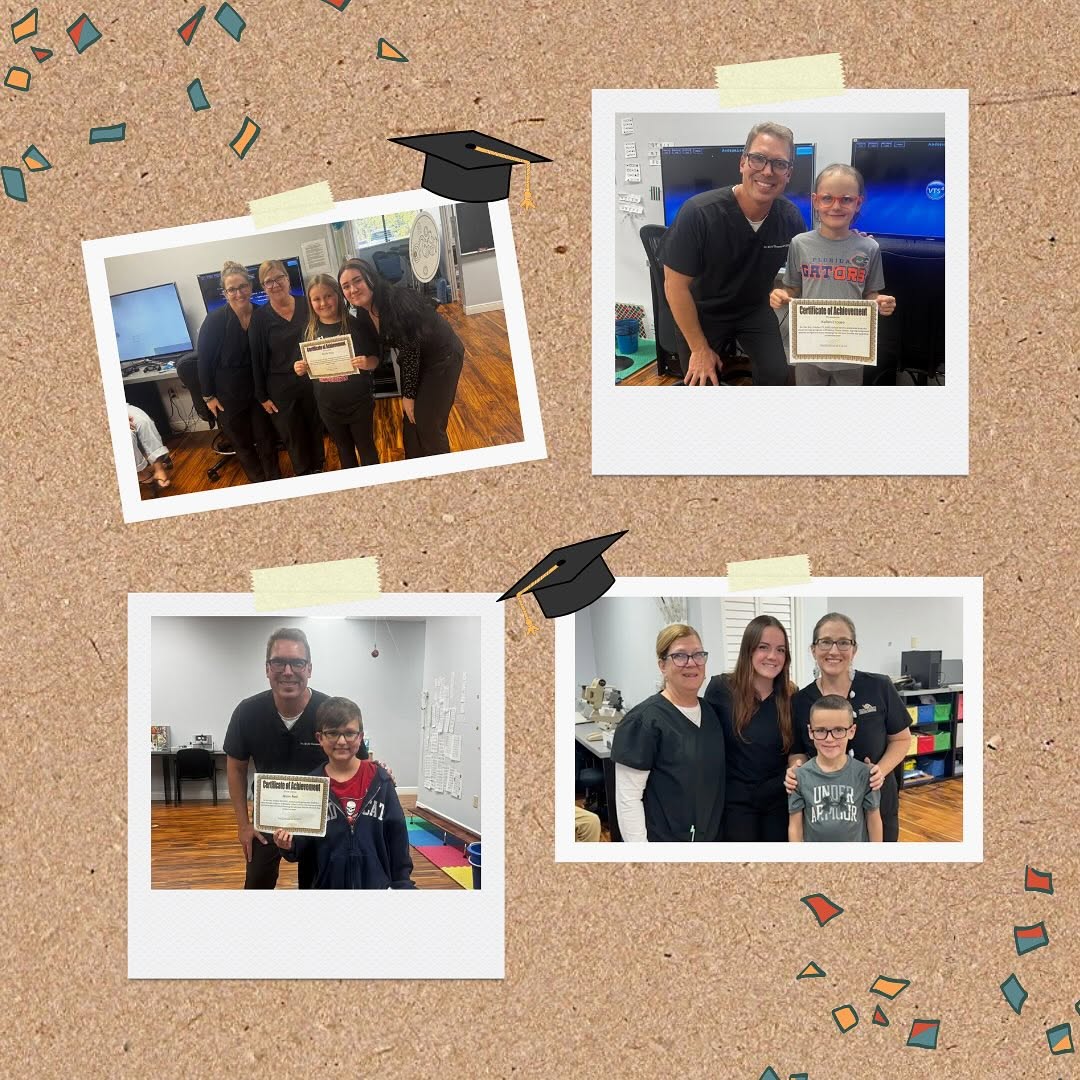 A collage of Walesby vision therapy graduates holding their Certificates of Achievement