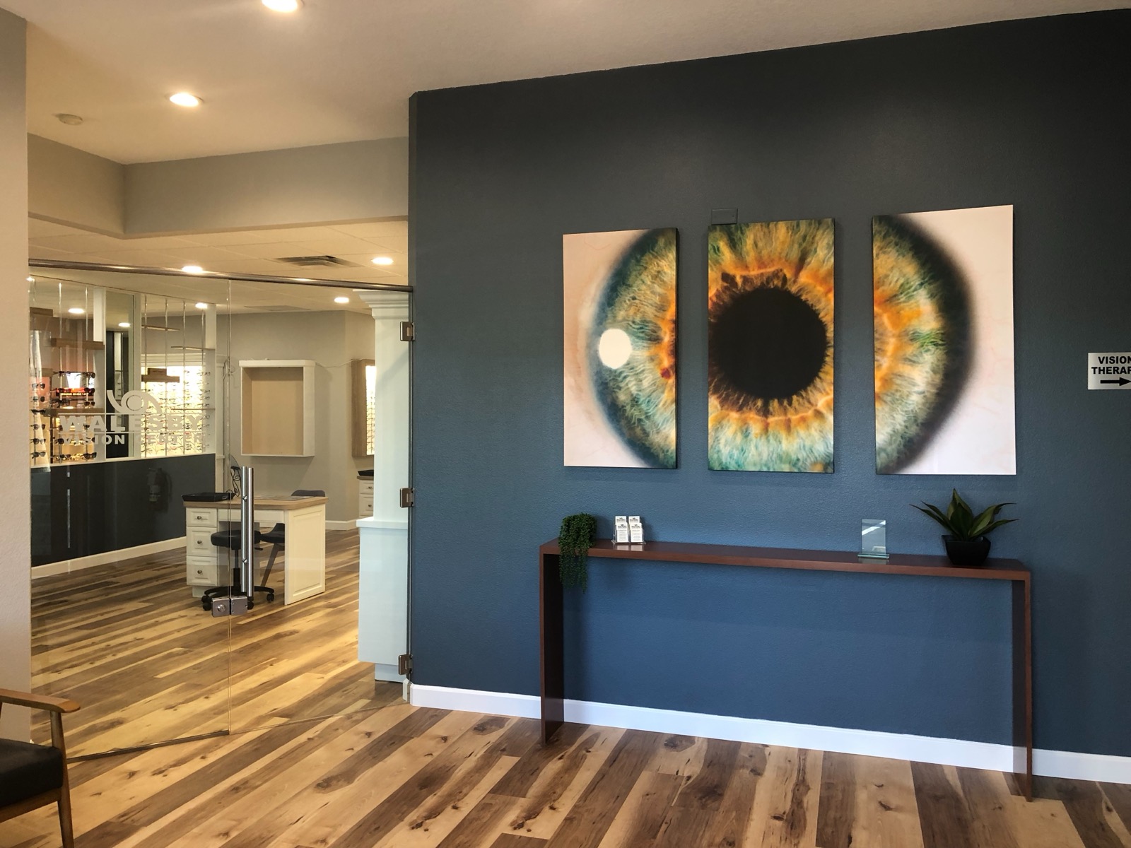The Walesby Vision Center lobby with its iris artwork triptych